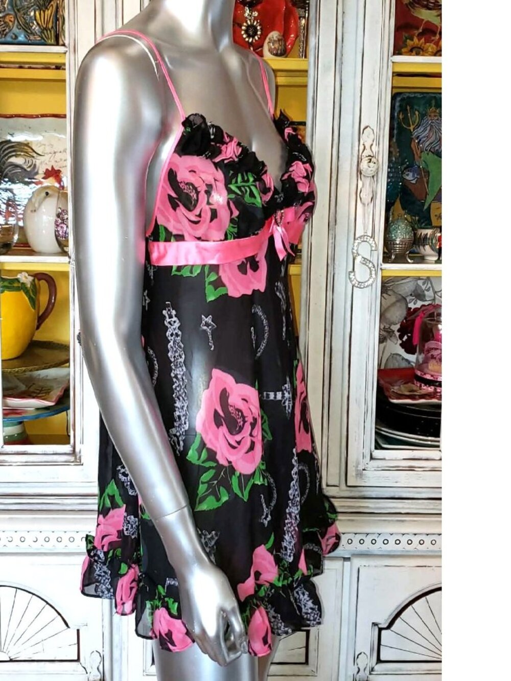 Vintage Betsey Johnson Slip Dress Y2K Black Floral Rose Jewelry Print Babydoll S - Picture 12 of 15